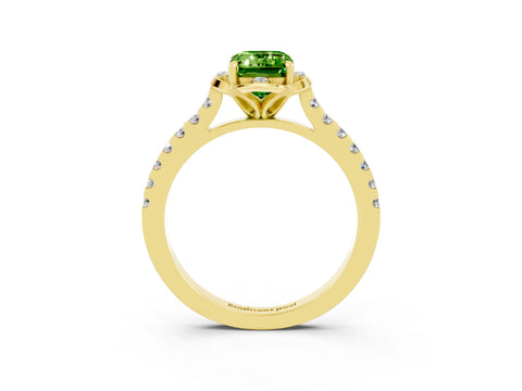 Yellow gold Emerald Cut Peridot Ring with Pavé Band and Floral Prong Setting_3