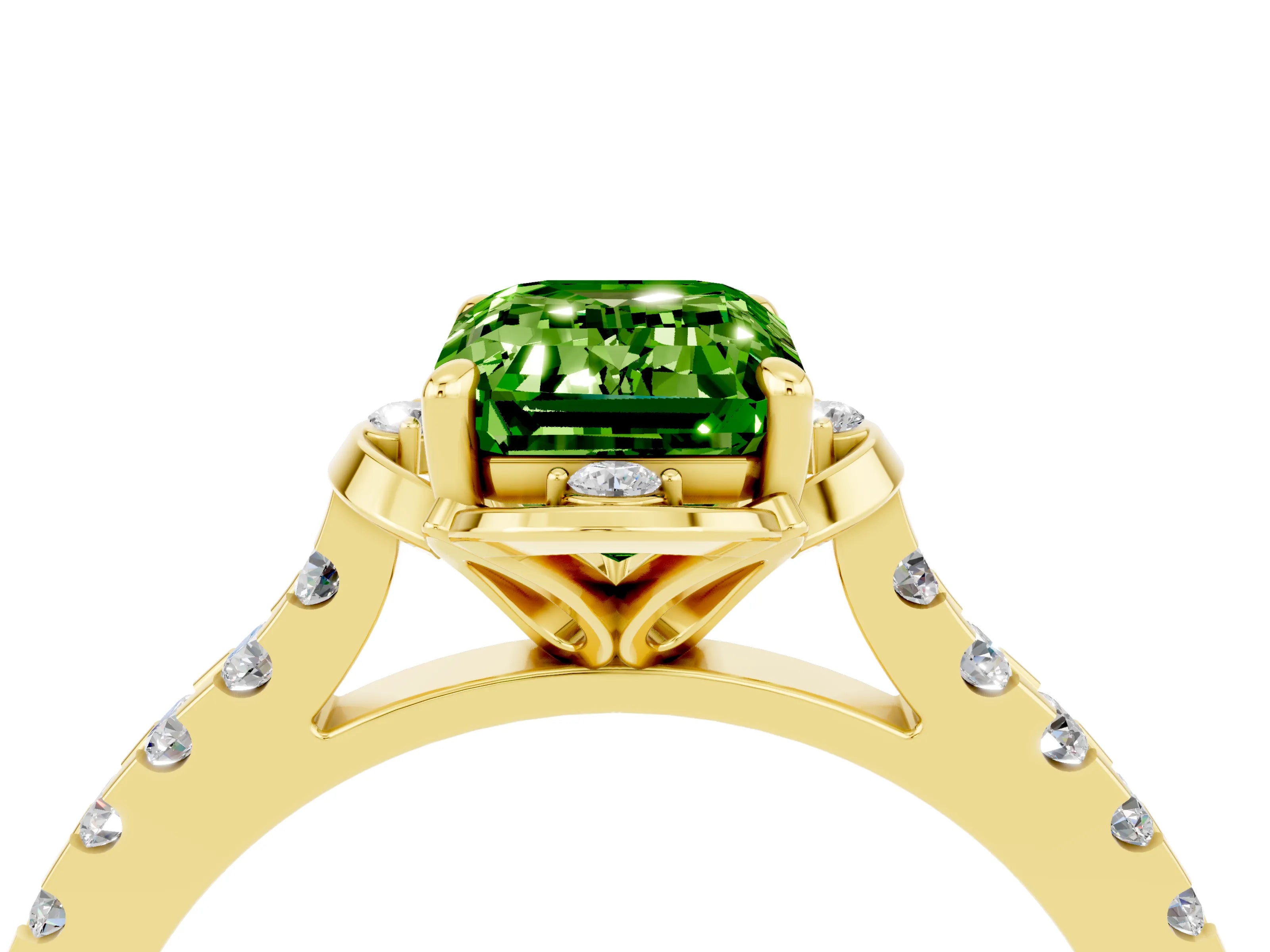 Yellow gold Emerald Cut Peridot Ring with Pavé Band and Floral Prong Setting_4