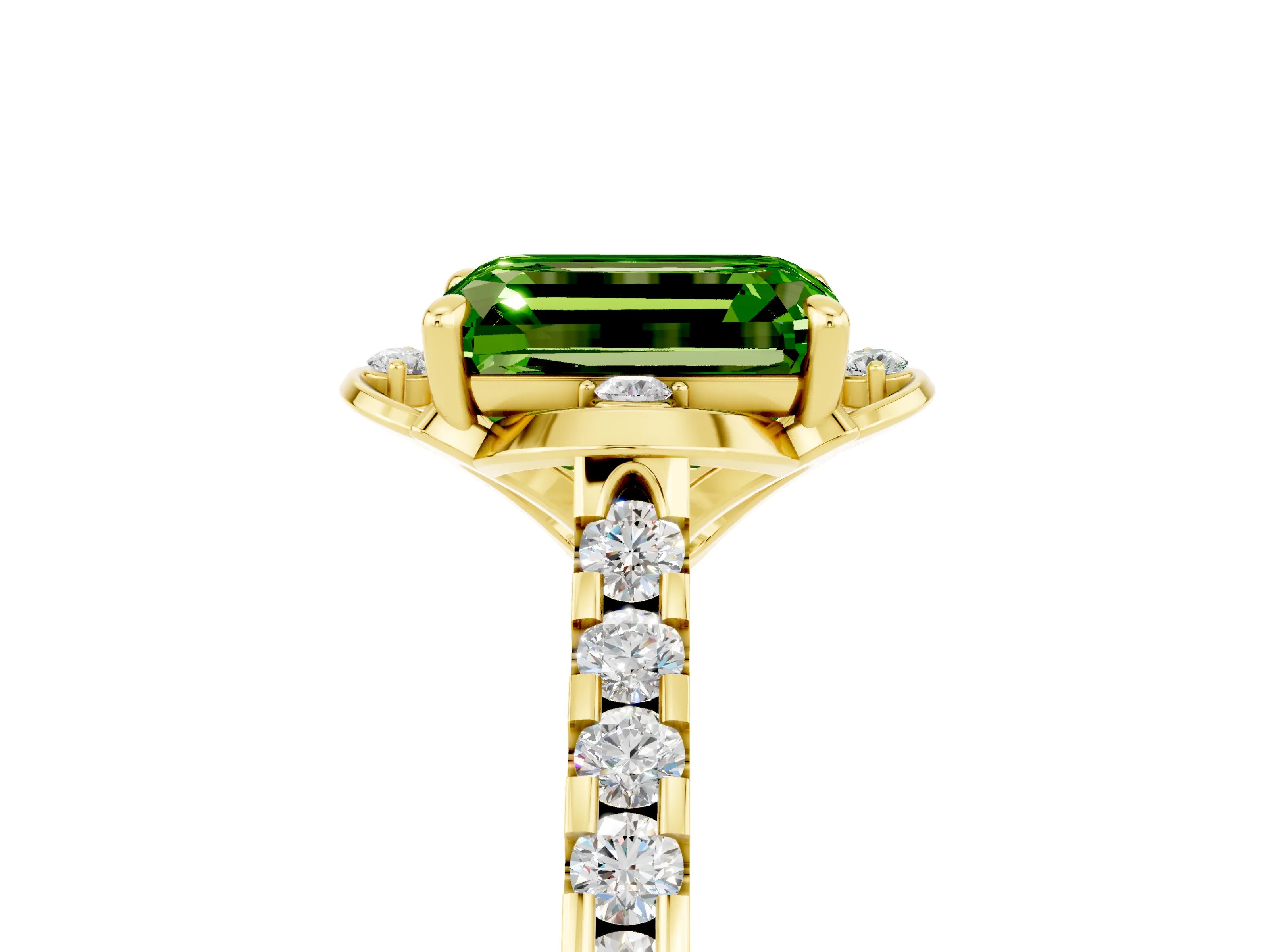 Yellow gold Emerald Cut Peridot Ring with Pavé Band and Floral Prong Setting_5