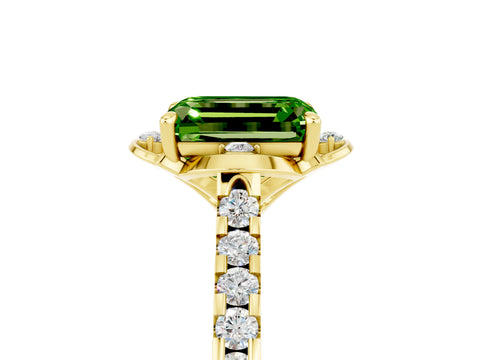 Yellow gold Emerald Cut Peridot Ring with Pavé Band and Floral Prong Setting_5