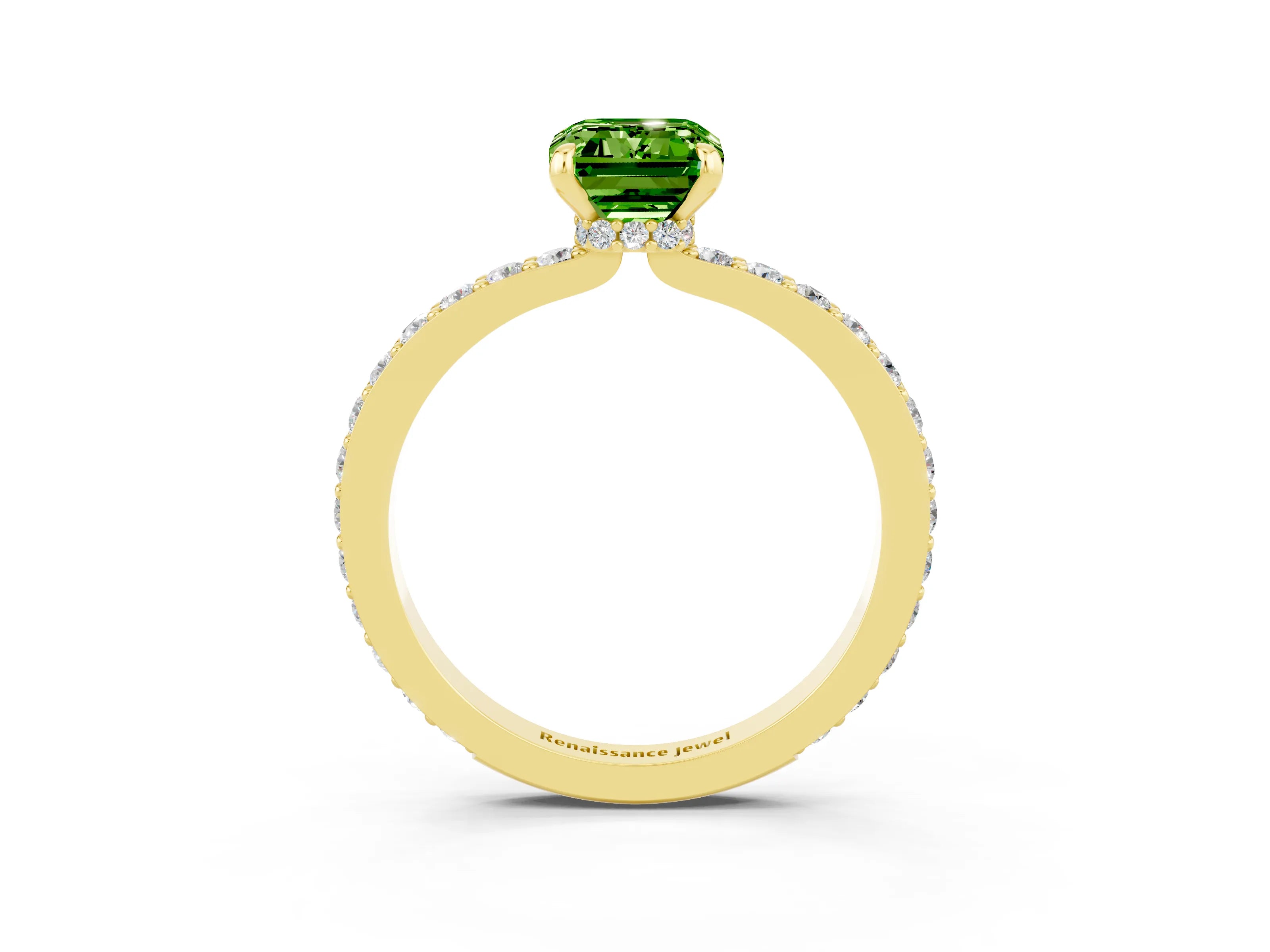Yellow gold Emerald Cut Peridot Ring with Pavé Band and Four-Prong Setting_3