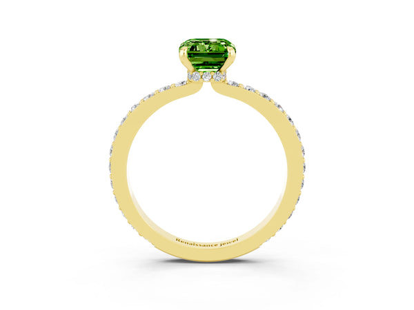 Yellow gold Emerald Cut Peridot Pavé Engagement Ring with Round  Accents and Prong Setting