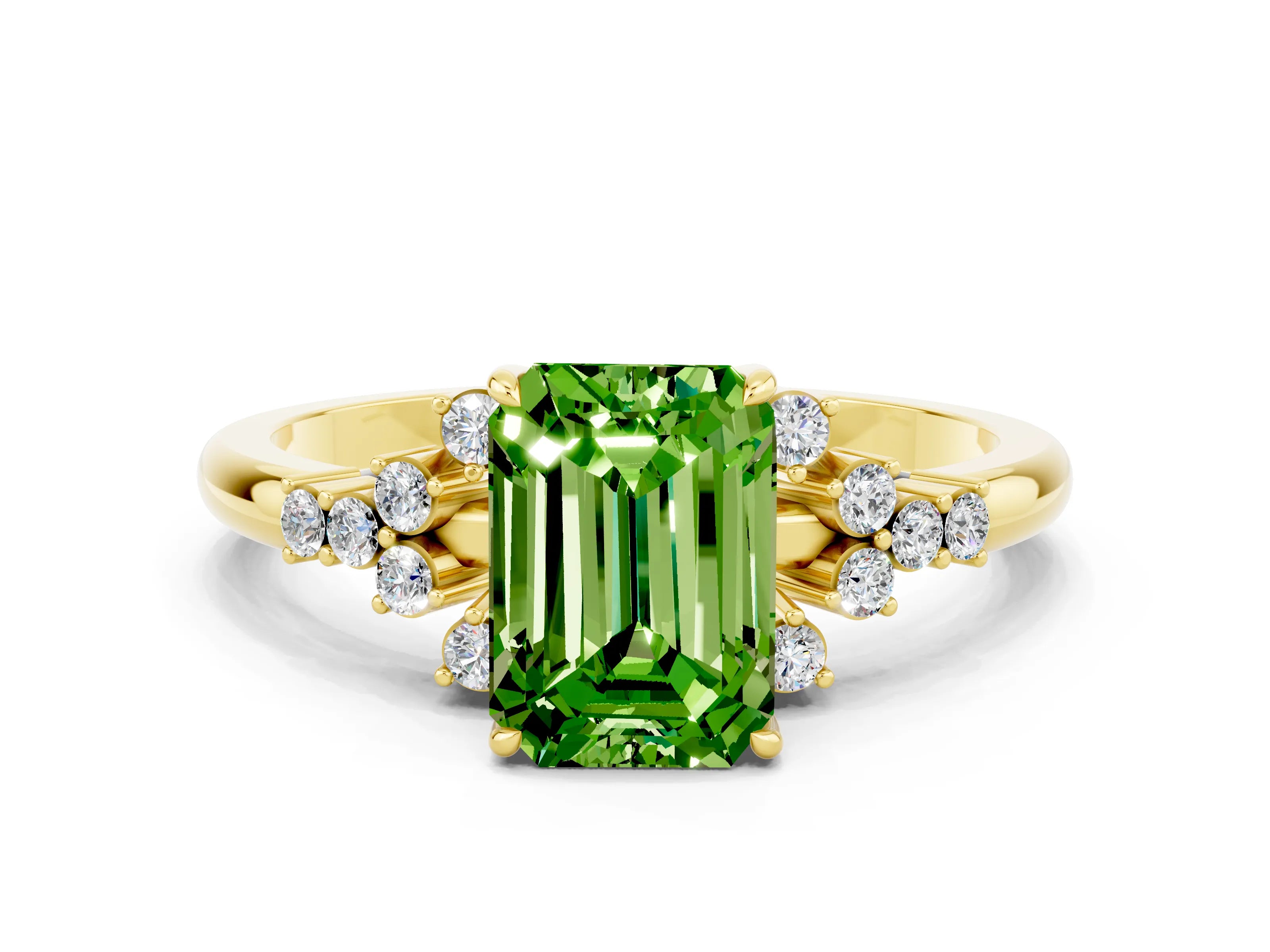 Yellow gold Emerald Cut Peridot Ring with Side Stones and Four-Prong Setting_36