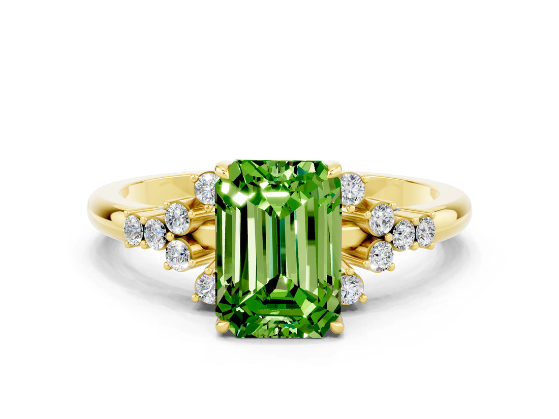 Yellow gold Emerald Cut Peridot Ring with Side Stones and Four-Prong Setting_36