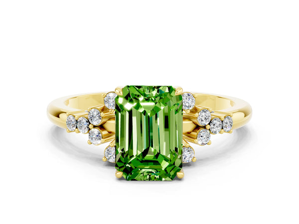 Yellow gold Emerald Cut Peridot Ring with Side Stones and Four-Prong Setting