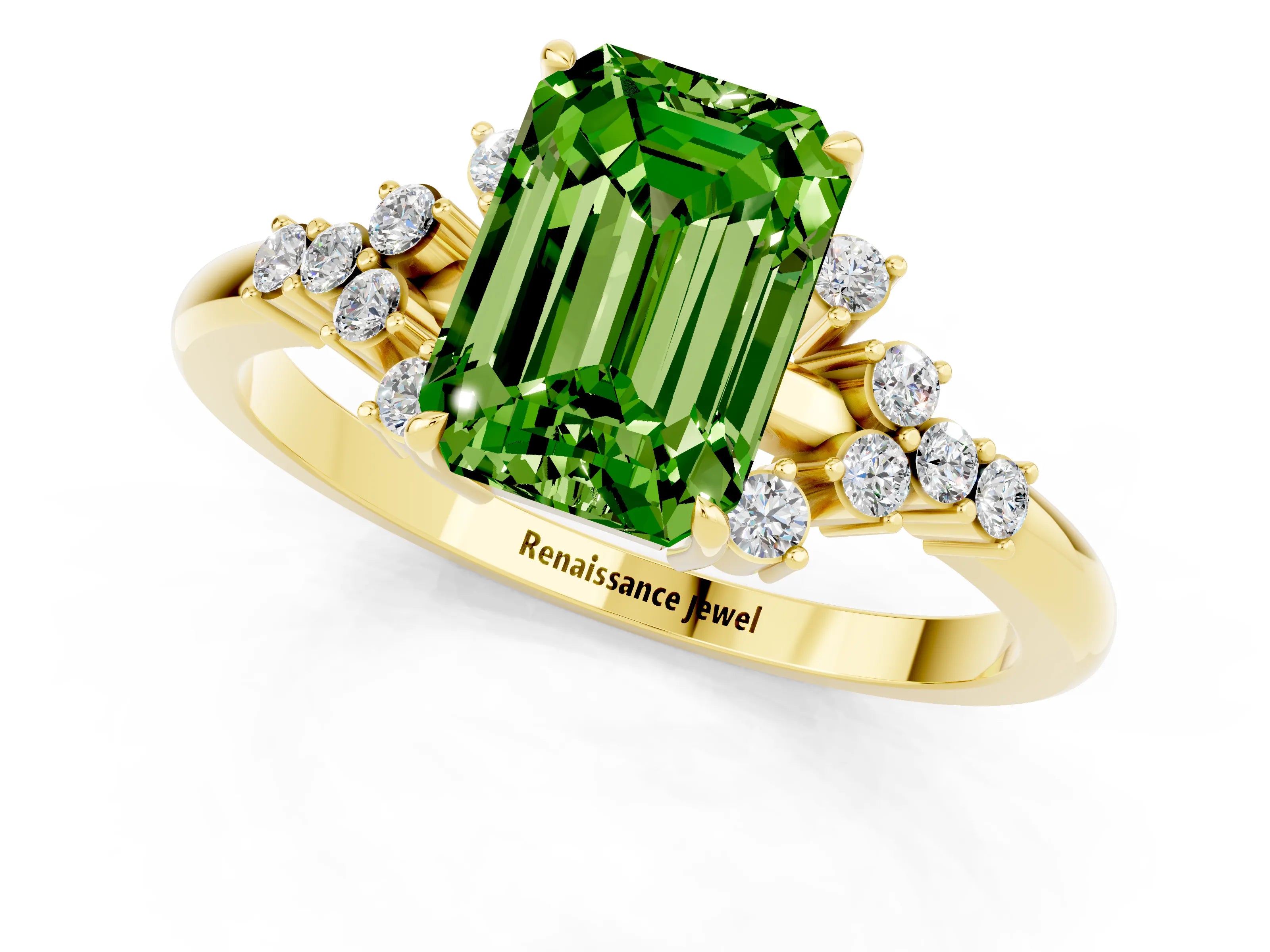 Yellow gold Emerald Cut Peridot Ring with Side Stones and Four-Prong Setting_37