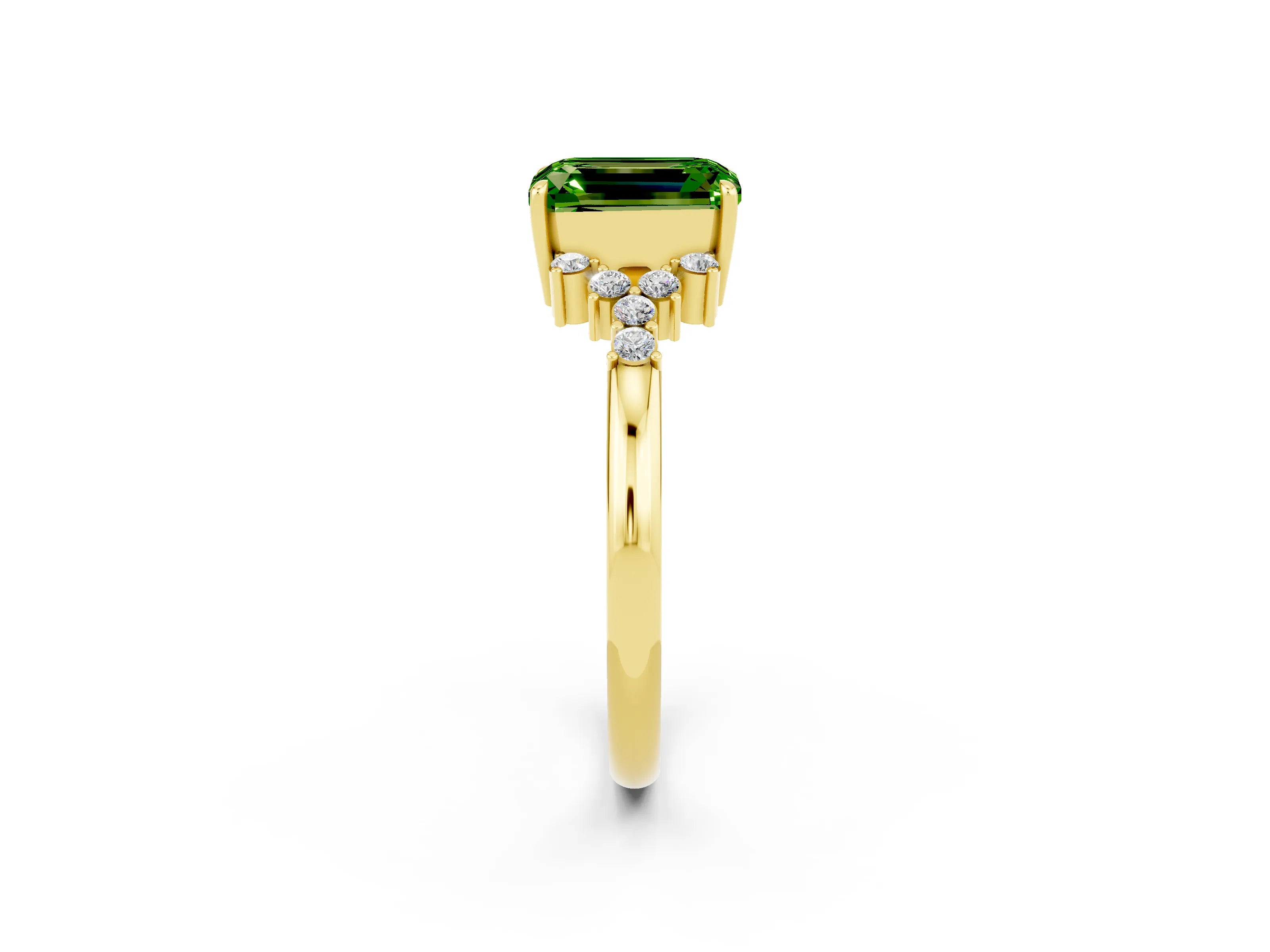 Yellow gold Emerald Cut Peridot Ring with Side Stones and Four-Prong Setting_38