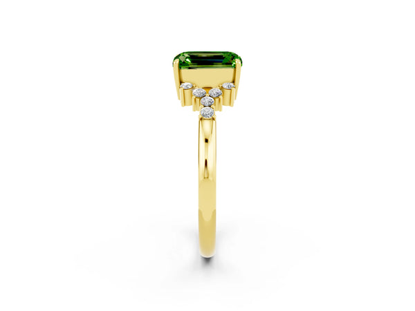 Yellow gold Emerald Cut Peridot Ring with Side Stones and Four-Prong Setting