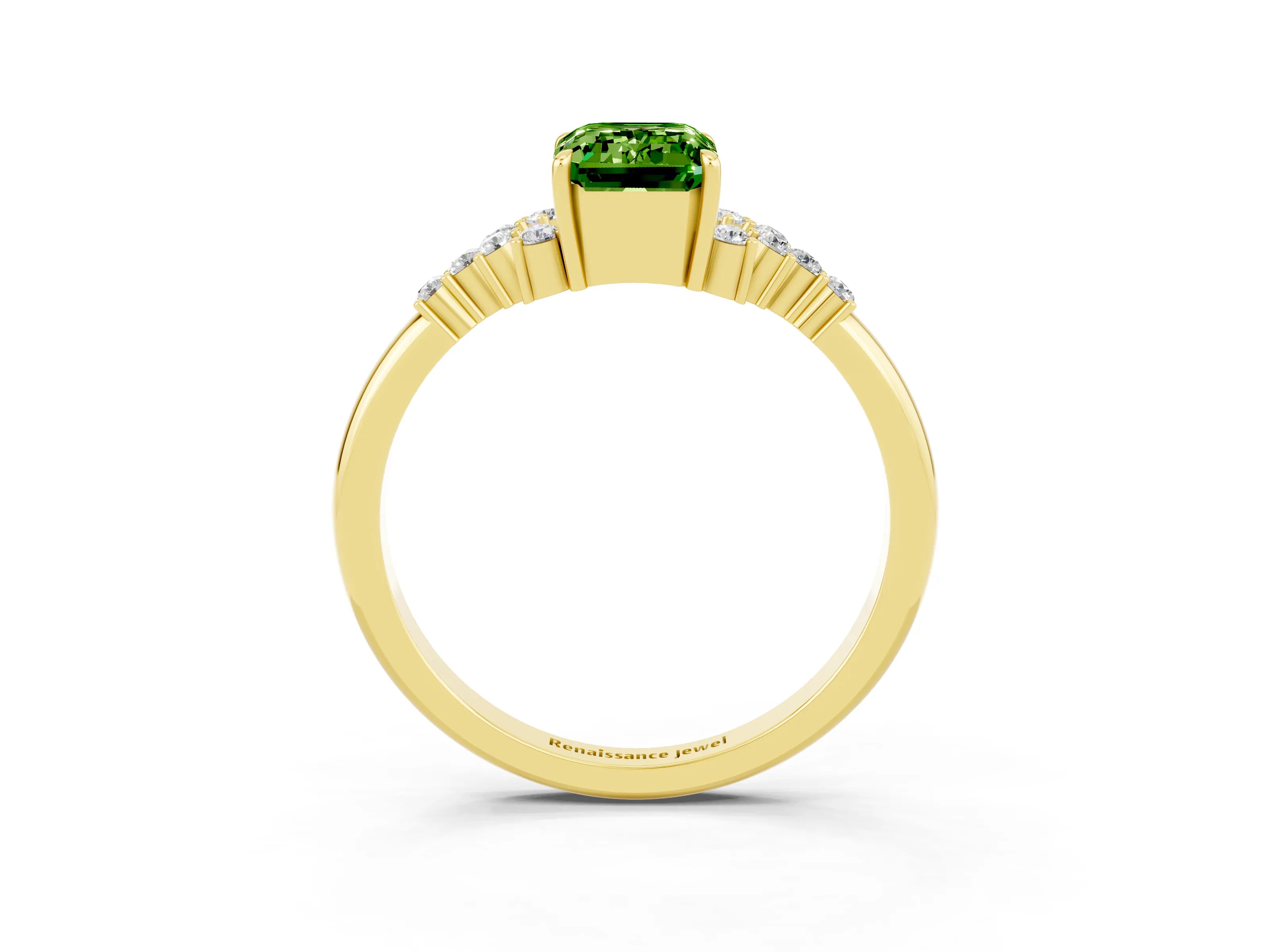 Yellow gold Emerald Cut Peridot Ring with Side Stones and Four-Prong Setting_39