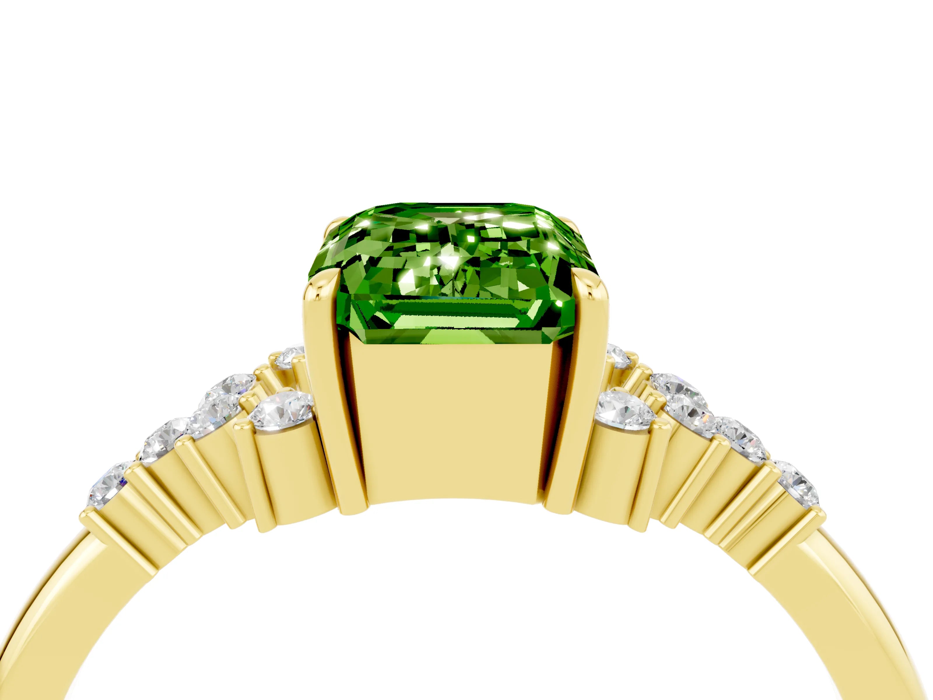 Yellow gold Emerald Cut Peridot Ring with Side Stones and Four-Prong Setting_40