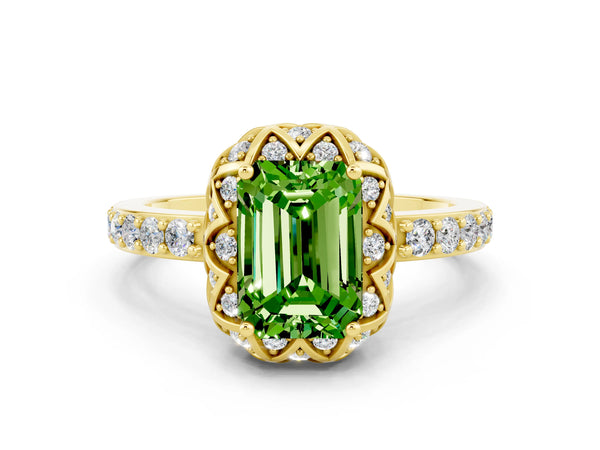 Yellow gold Emerald Cut Peridot Scalloped Halo Engagement Ring with Round Shared Prong Band