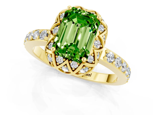 Yellow gold Emerald Cut Peridot Scalloped Halo Engagement Ring with Round Shared Prong Band