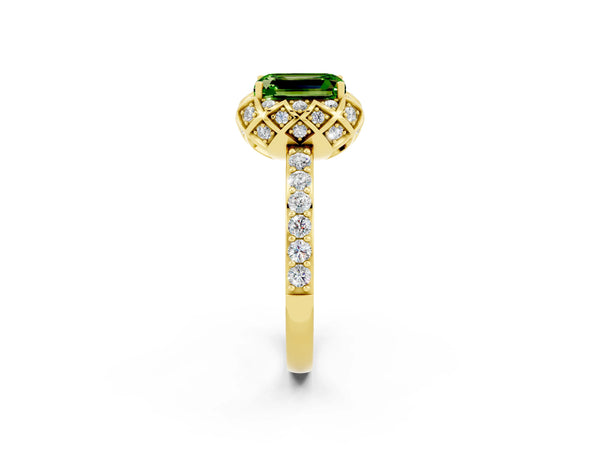 Yellow gold Emerald Cut Peridot Scalloped Halo Engagement Ring with Round Shared Prong Band