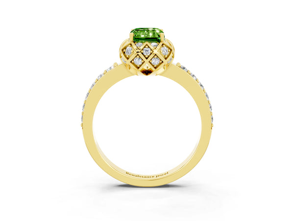 Yellow gold Emerald Cut Peridot Scalloped Halo Engagement Ring with Round Shared Prong Band