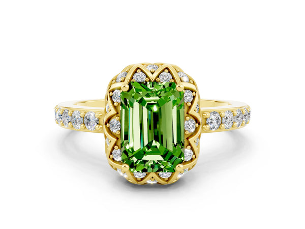 Yellow gold Emerald Cut Peridot Scalloped Halo Engagement Ring with Round Shared Prong Band