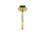 Yellow gold Emerald Cut Peridot Scalloped Halo Engagement Ring with Round Shared Prong Band_26