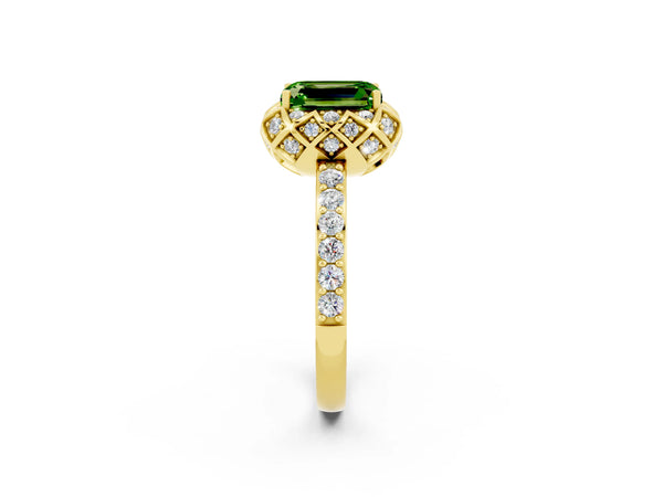 Yellow gold Emerald Cut Peridot Scalloped Halo Engagement Ring with Round Shared Prong Band