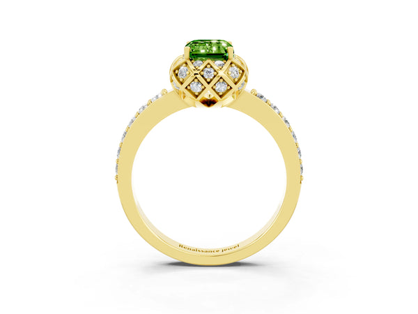 Yellow gold Emerald Cut Peridot Scalloped Halo Engagement Ring with Round Shared Prong Band