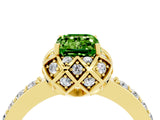 Yellow gold Emerald Cut Peridot Scalloped Halo Engagement Ring with Round Shared Prong Band_28