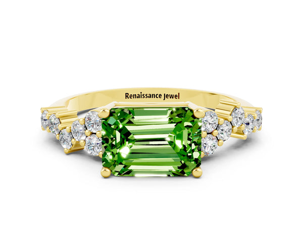 Yellow gold Emerald Cut Peridot Scattered Round Accent Ring with Prong Setting