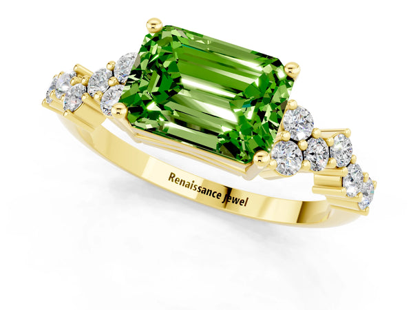 Yellow gold Emerald Cut Peridot Scattered Round Accent Ring with Prong Setting