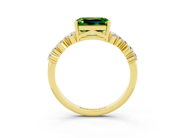 Yellow gold Emerald Cut Peridot Scattered Round Accent Ring with Prong Setting