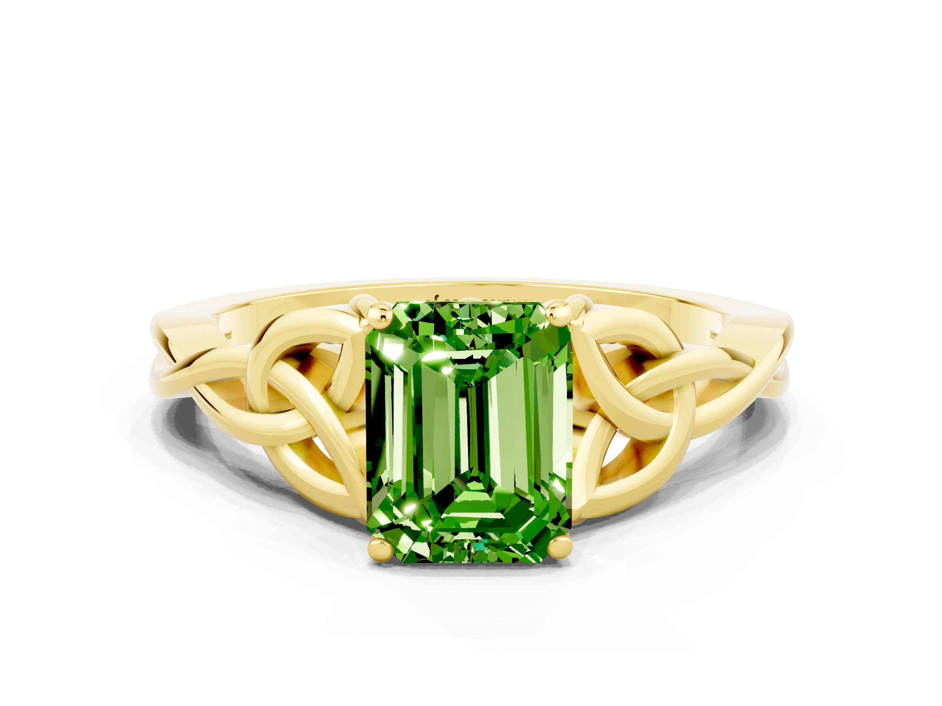 Yellow gold Emerald Cut Peridot Solitaire Celtic Knot Ring with Four-Prong Setting_12