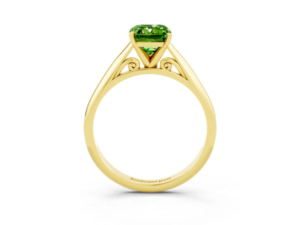 Yellow gold Emerald Cut Peridot Solitaire Engagement Ring with Cathedral Setting and Four-Prong Mount