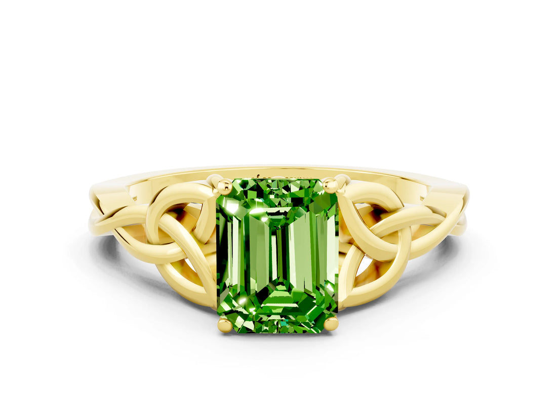 Yellow gold Emerald Cut Peridot Solitaire Engagement Ring with Celtic Knot Band and Four-Prong Setting
