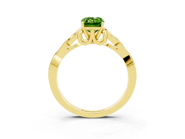 Yellow gold Emerald Cut Peridot Solitaire Engagement Ring with Celtic Knot Band and Four-Prong Setting