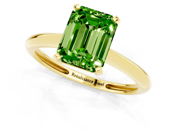 Yellow gold Emerald Cut Peridot Solitaire Engagement Ring with Classic Band and Four-Prong Setting