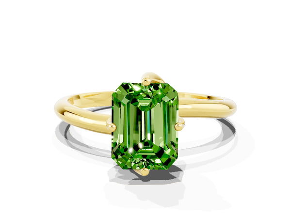 Yellow gold Emerald Cut Peridot Solitaire Engagement Ring with Four-Prong Setting and Classic Band
