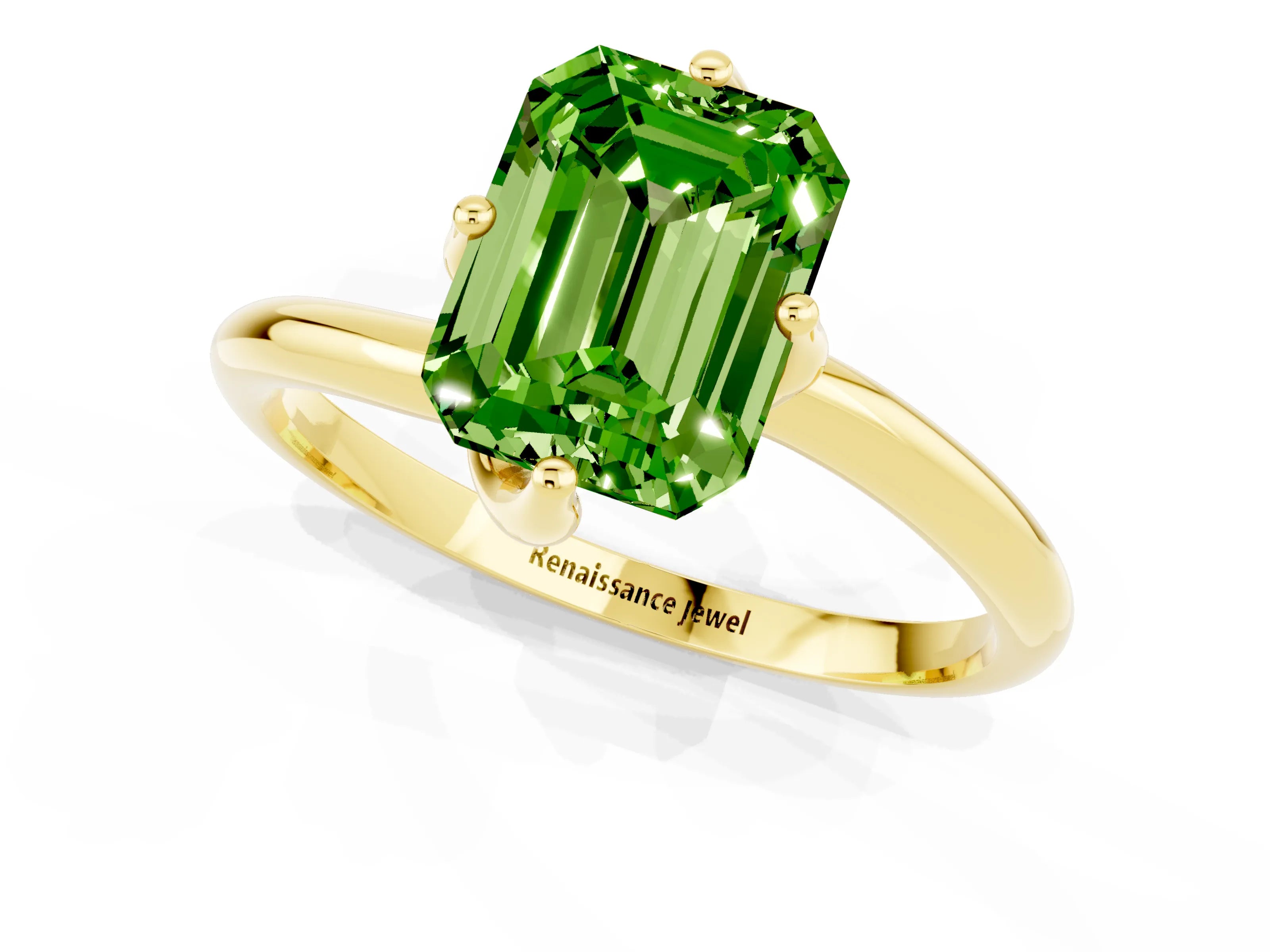 Yellow gold Emerald Cut Peridot Solitaire Engagement Ring with Four-Prong Setting and Classic Band_13