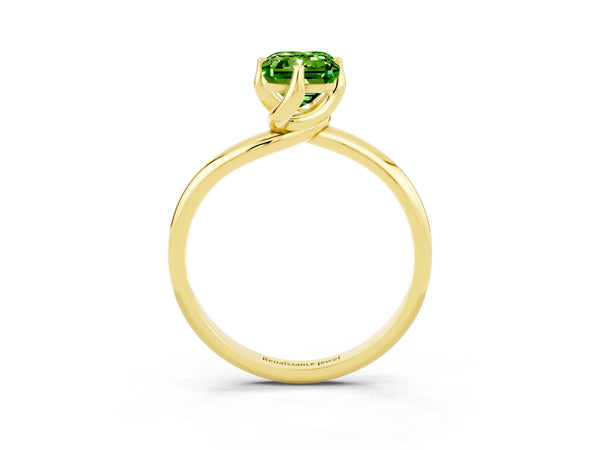 Yellow gold Emerald Cut Peridot Solitaire Engagement Ring with Four-Prong Setting and Classic Band