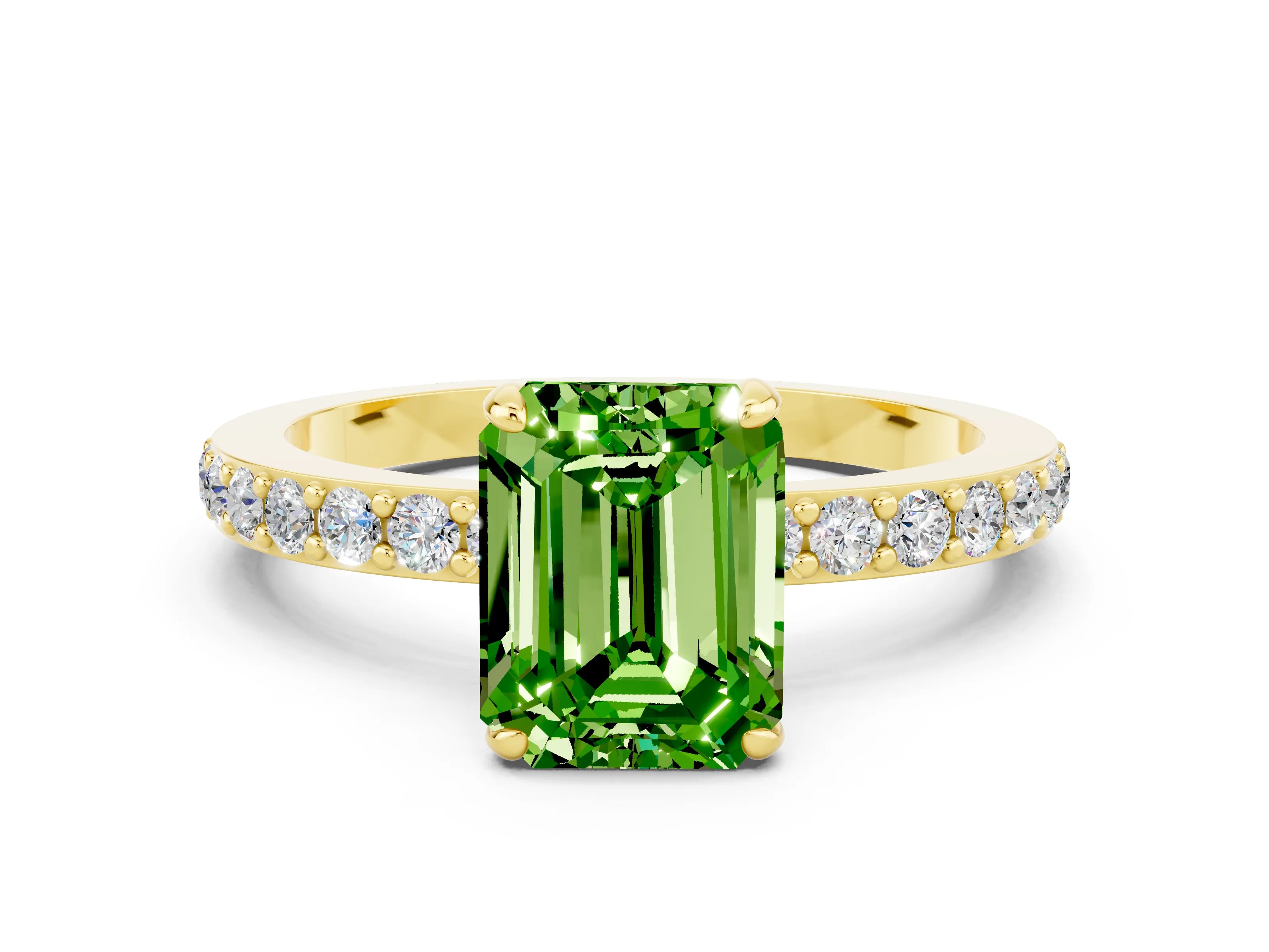 Yellow gold Emerald Cut Peridot Solitaire Engagement Ring with Pavé Band and Four-Prong Setting