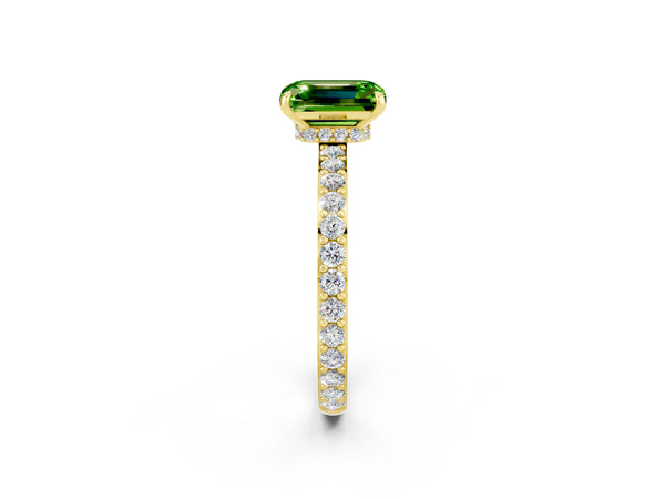 Yellow gold Emerald Cut Peridot Solitaire Engagement Ring with Pavé Band and Four-Prong Setting