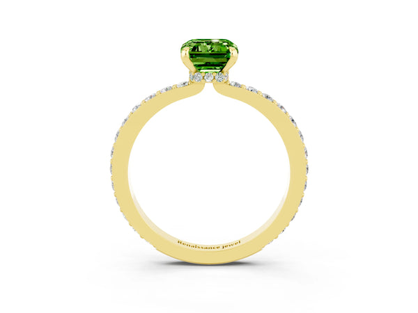 Yellow gold Emerald Cut Peridot Solitaire Engagement Ring with Pavé Band and Four-Prong Setting