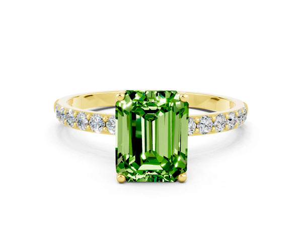 Yellow gold Emerald Cut Peridot Solitaire Engagement Ring with Round  Pavé Band and Prong Setting