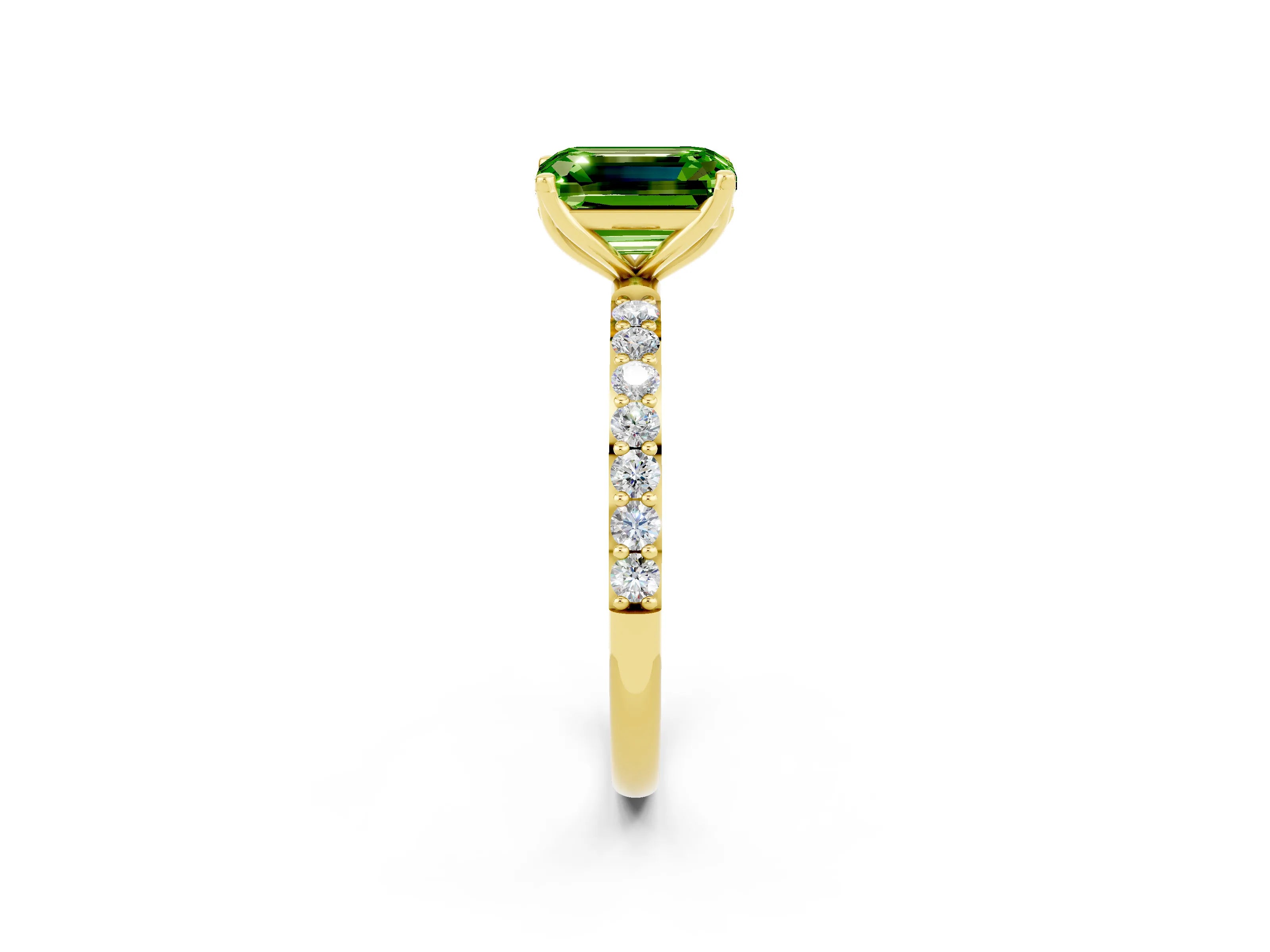Yellow gold Emerald Cut Peridot Solitaire Engagement Ring with Pavé Band and Prong Setting_2