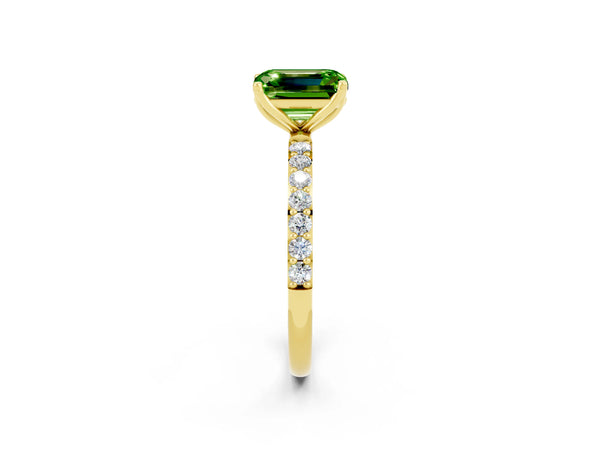 Yellow gold Emerald Cut Peridot Solitaire Engagement Ring with Round  Pavé Band and Prong Setting