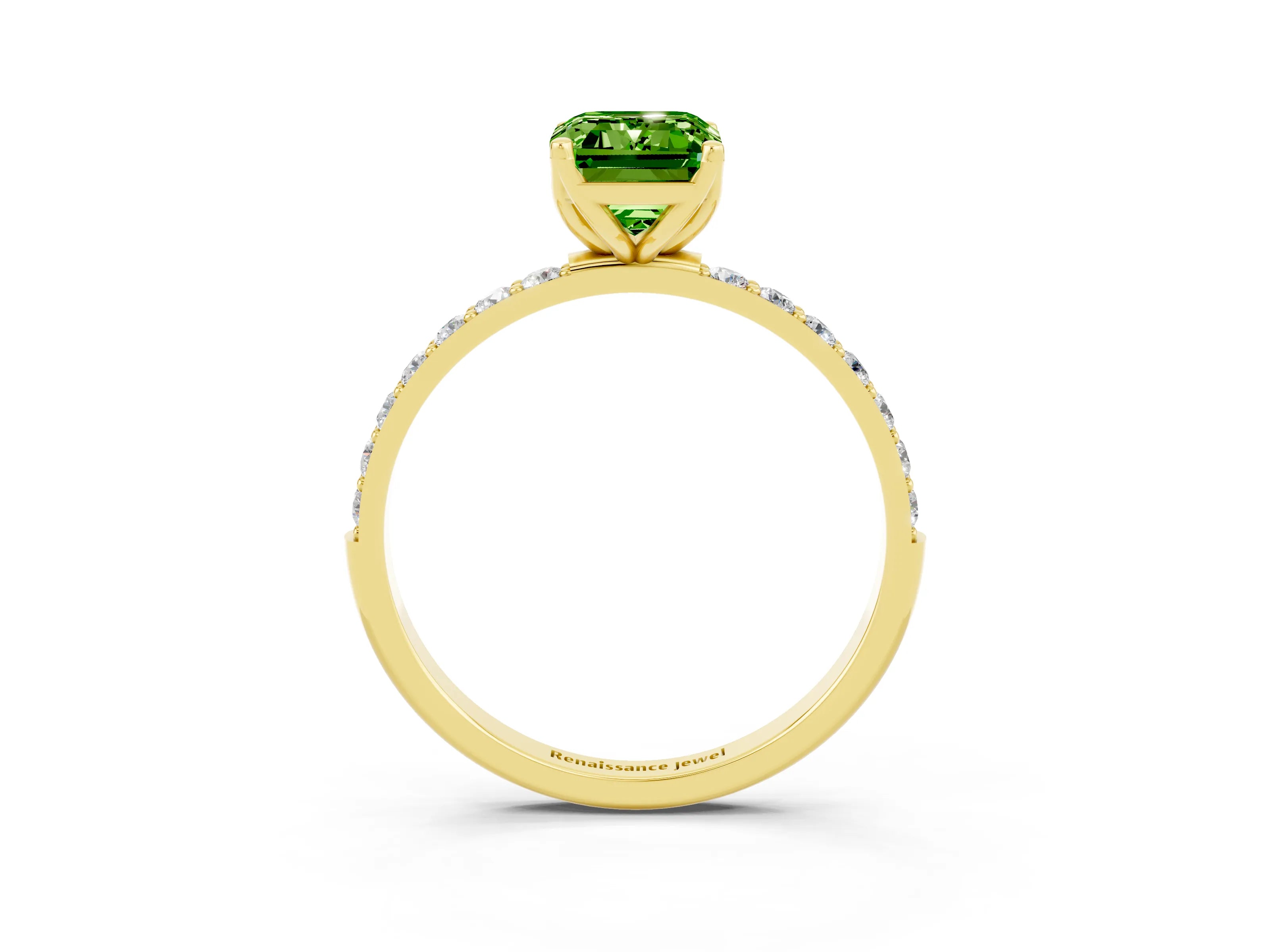 Yellow gold Emerald Cut Peridot Solitaire Engagement Ring with Pavé Band and Prong Setting_3