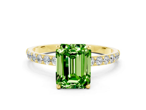 Yellow gold Emerald Cut Peridot Solitaire Engagement Ring with Pavé Band and Prong Setting