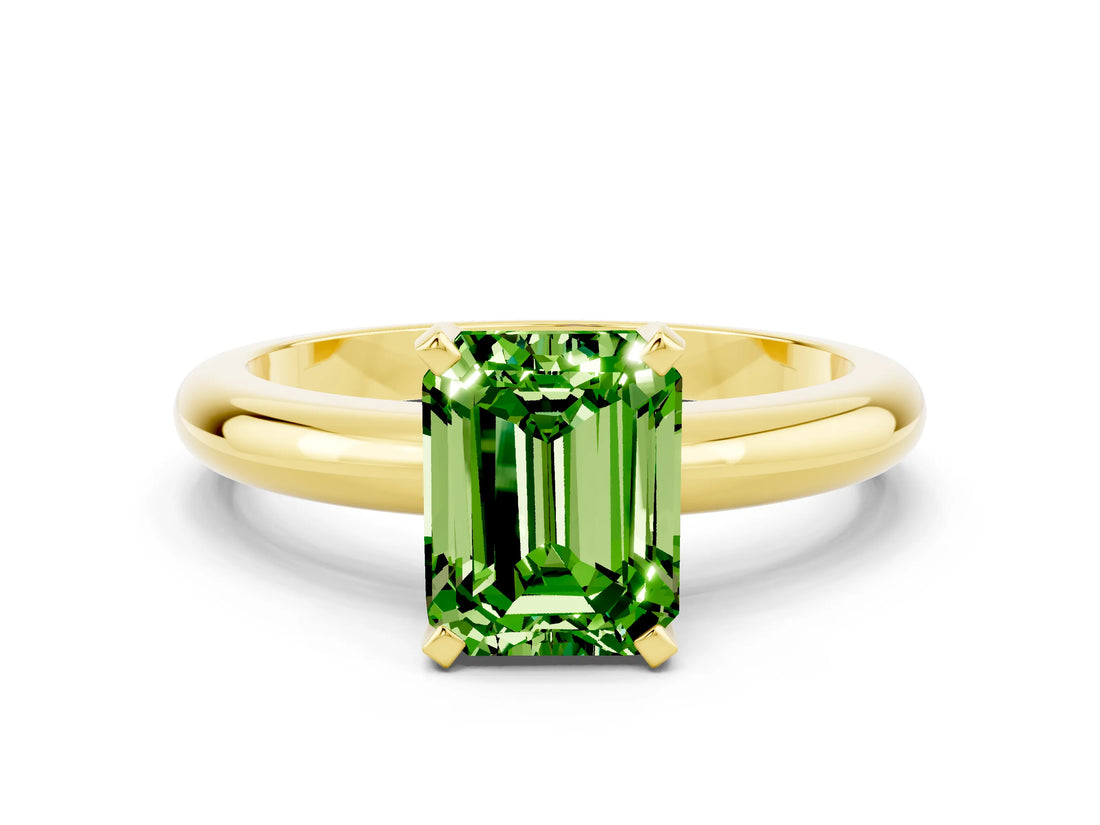 Yellow gold Emerald Cut Peridot Solitaire Engagement Ring with Round Band and Four-Prong Setting