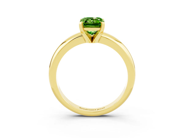Yellow gold Emerald Cut Peridot Solitaire Engagement Ring with Round Band and Four-Prong Setting