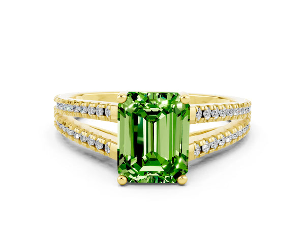 Yellow gold Emerald Cut Peridot Solitaire Engagement Ring with Split Shank Pavé Band