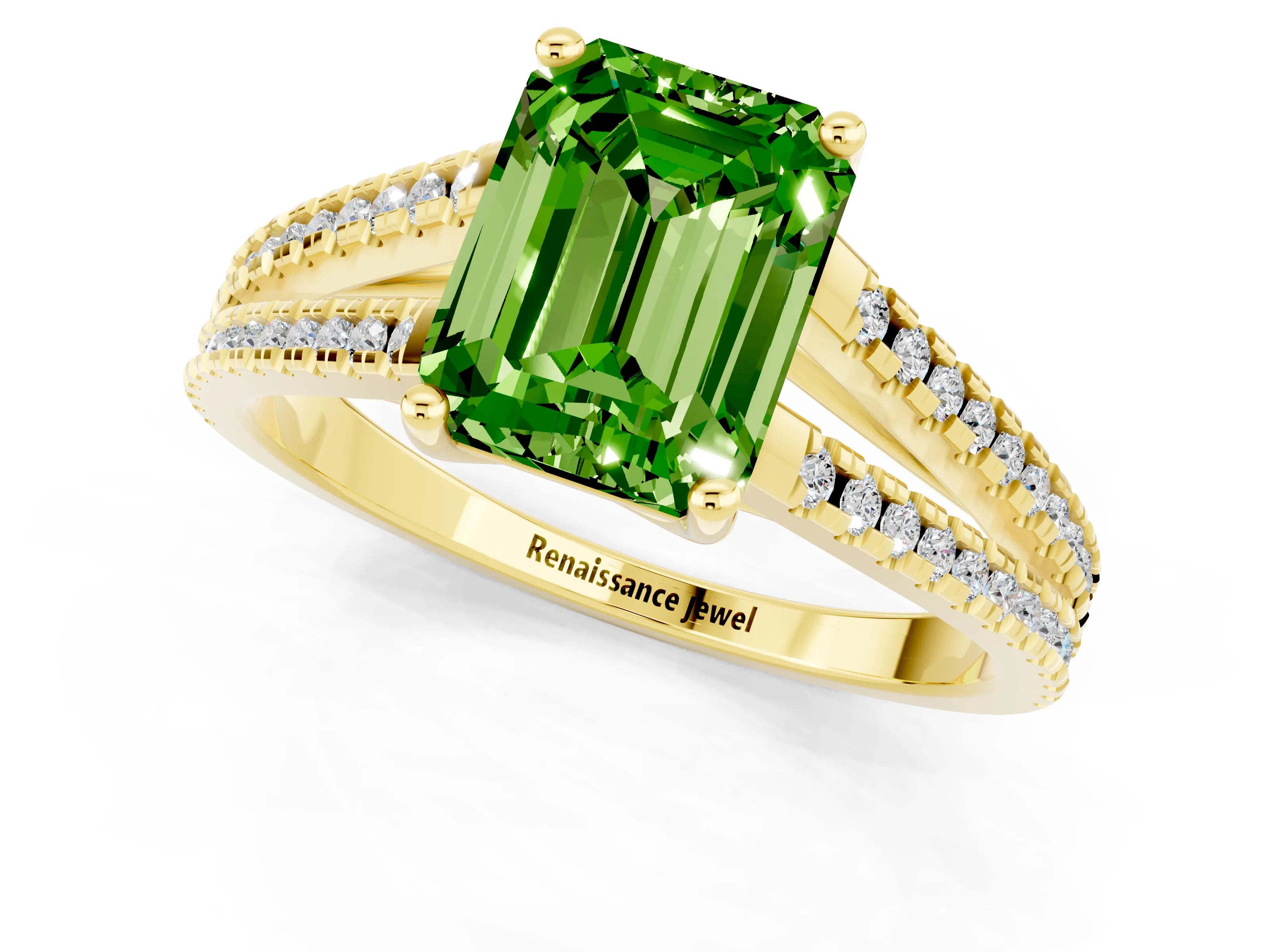Yellow gold Emerald Cut Peridot Solitaire Engagement Ring with Split Shank Pavé Band_1