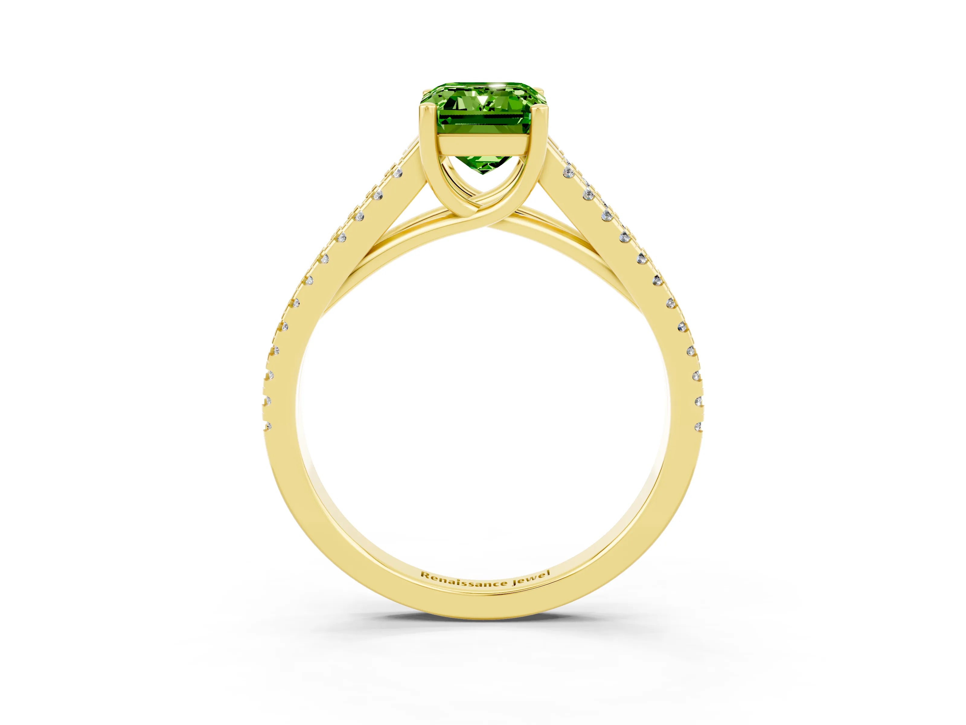 Yellow gold Emerald Cut Peridot Solitaire Engagement Ring with Split Shank Pavé Band_3