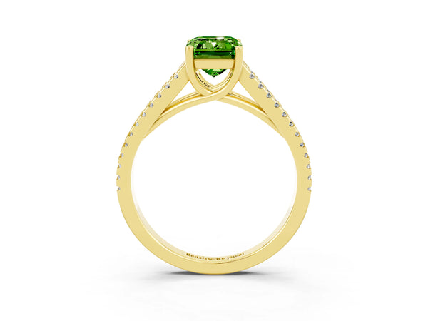 Yellow gold Emerald Cut Peridot Solitaire Engagement Ring with Split Shank Pavé Band