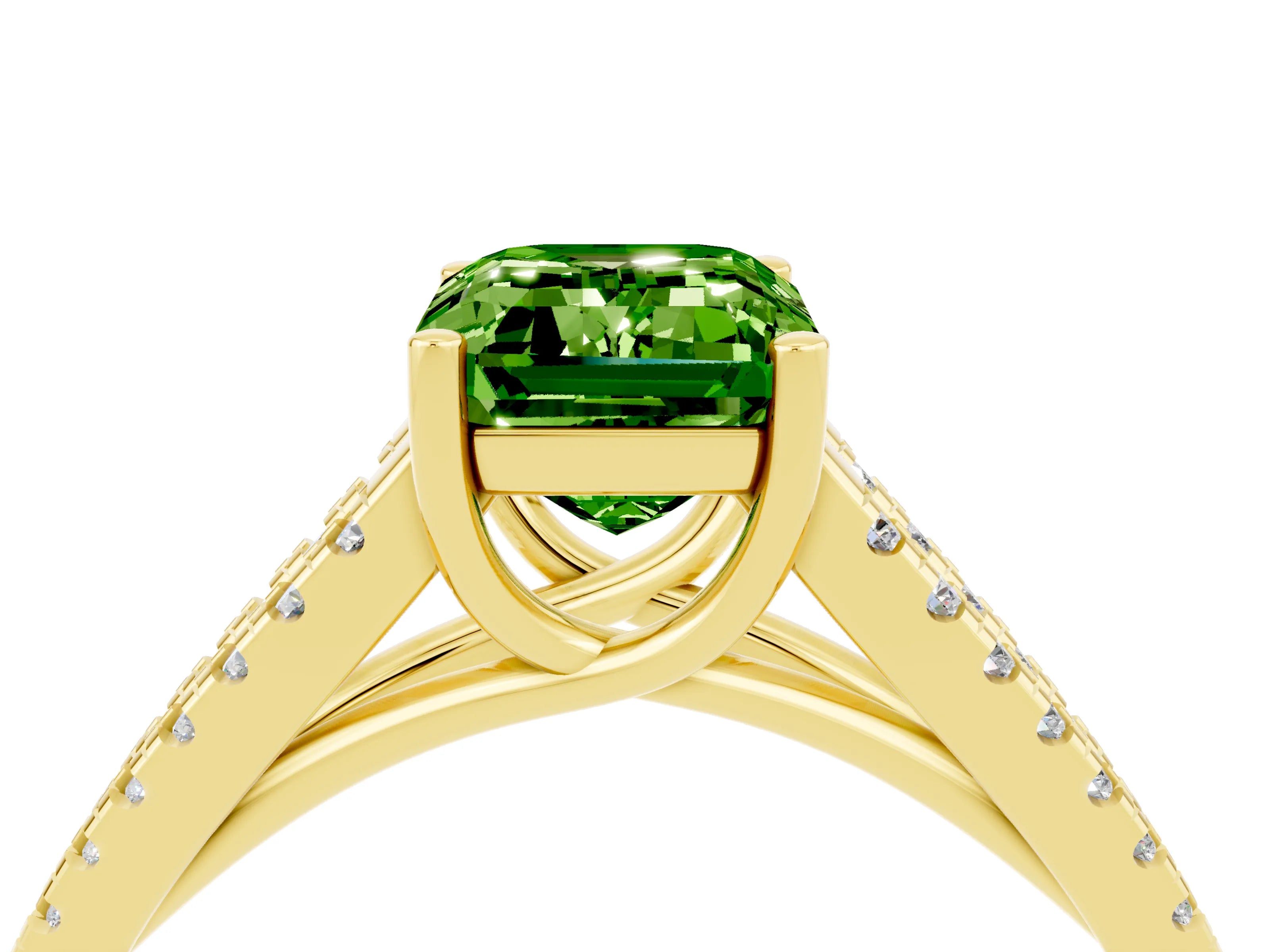 Yellow gold Emerald Cut Peridot Solitaire Engagement Ring with Split Shank Pavé Band_4
