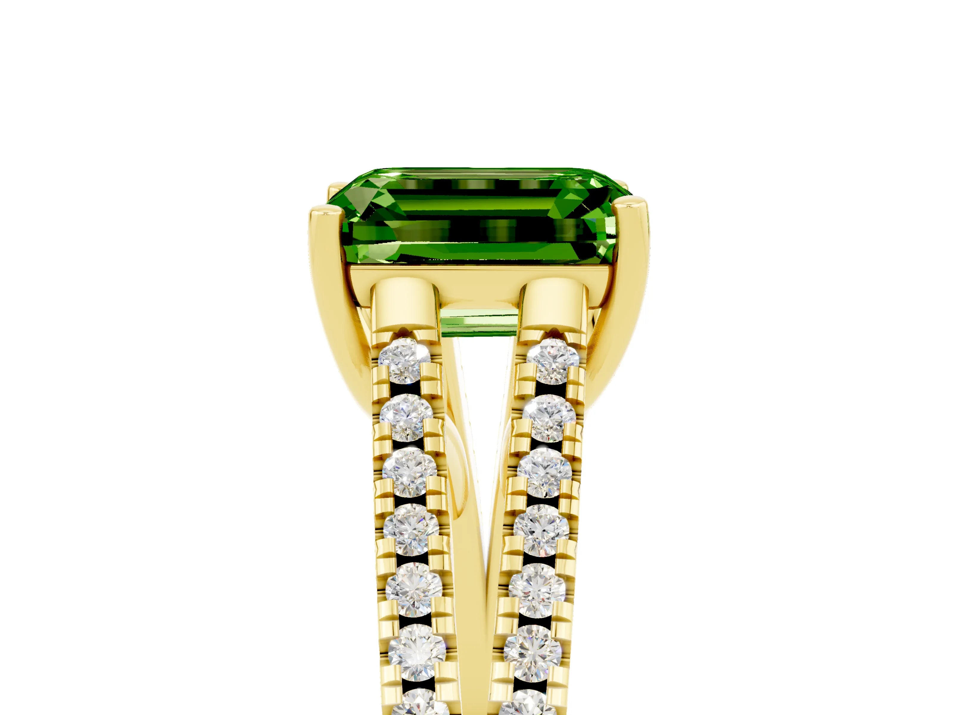 Yellow gold Emerald Cut Peridot Solitaire Engagement Ring with Split Shank Pavé Band_5